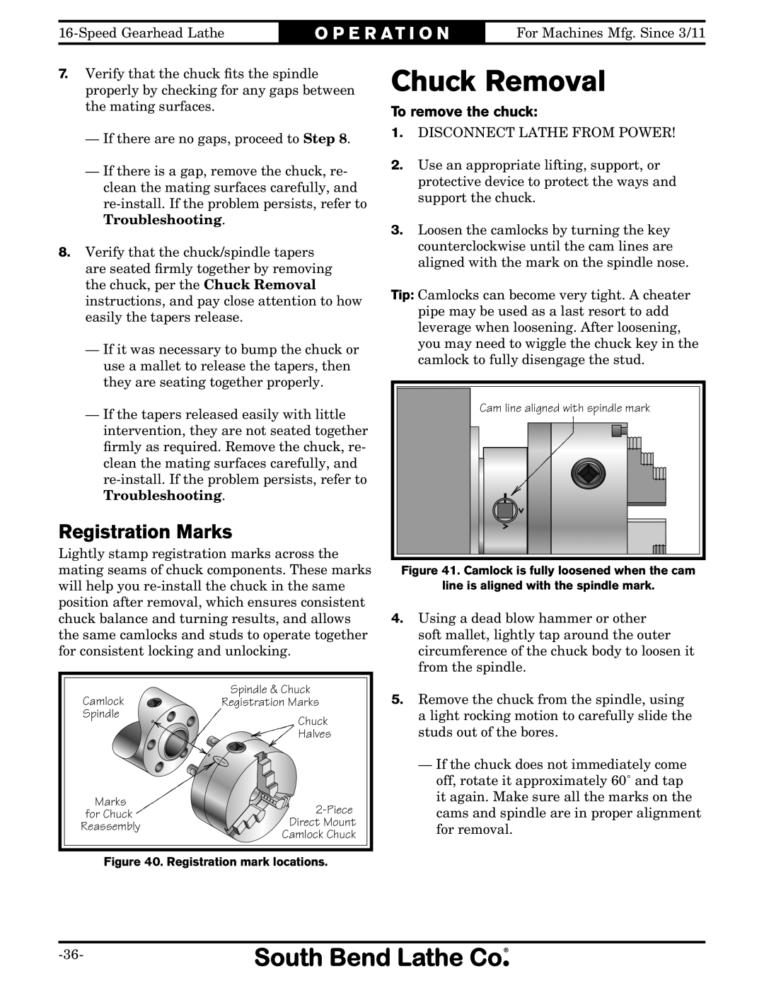 Southbend SB1053 owner manual Chuck Removal, Registration Marks, To remove the chuck 