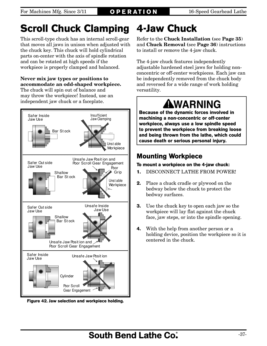 Southbend SB1053 owner manual Scroll Chuck Clamping, Jaw Chuck, Mounting Workpiece, To mount a workpiece on the 4-jaw chuck 