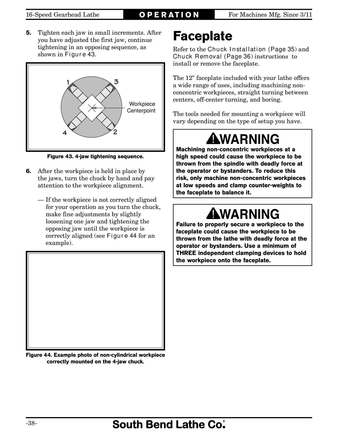 Southbend SB1053 owner manual Faceplate, Jaw tightening sequence 