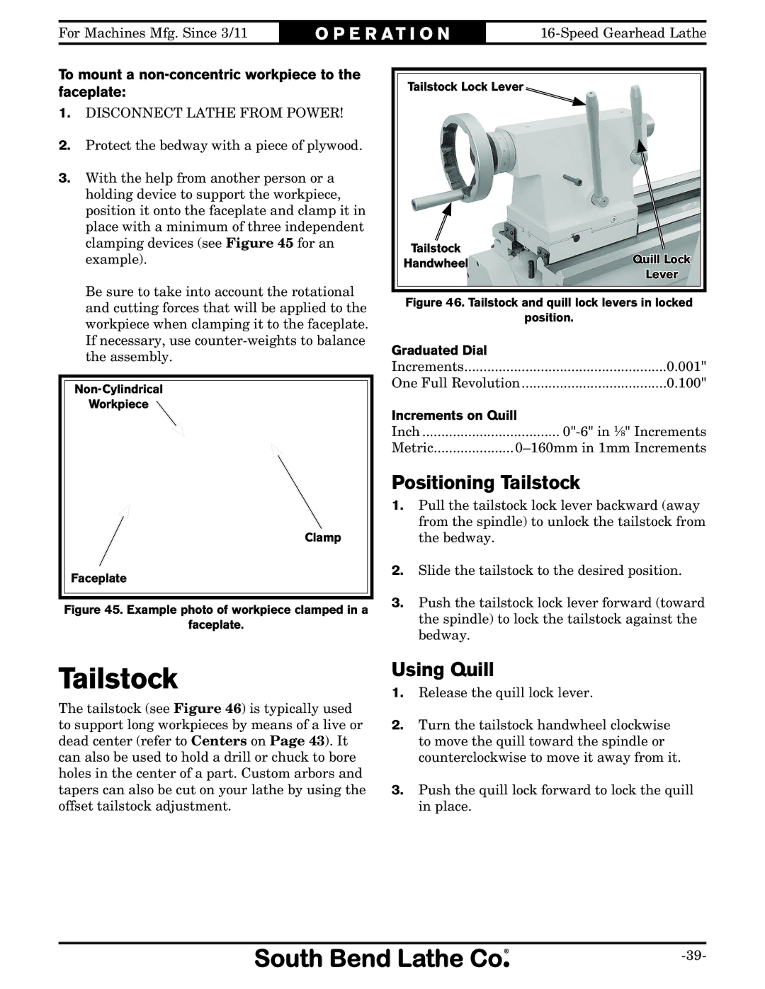 Southbend SB1053 owner manual Positioning Tailstock, Using Quill, To mount a non-concentric workpiece to the faceplate 