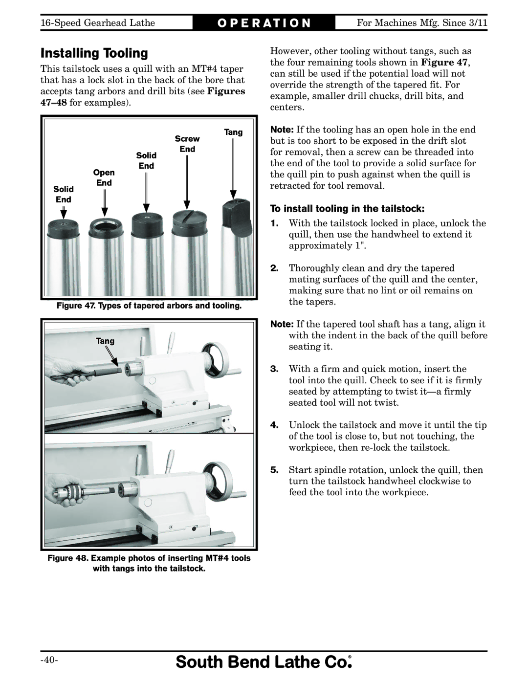 Southbend SB1053 owner manual Installing Tooling, To install tooling in the tailstock 