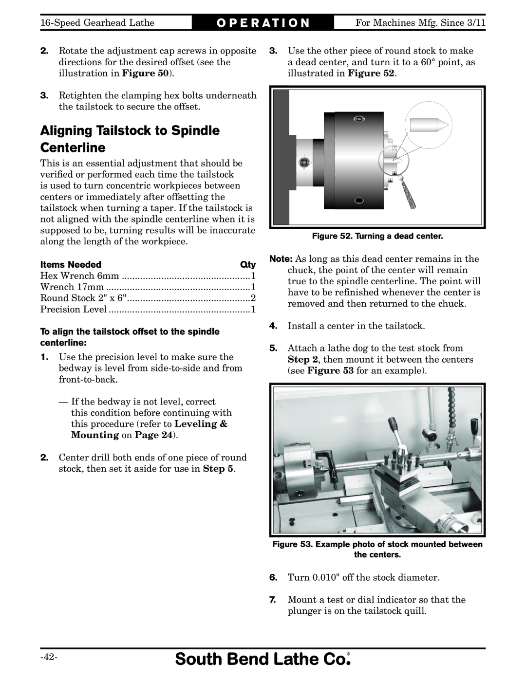 Southbend SB1053 owner manual Aligning Tailstock to Spindle Centerline, Items Needed Qty 