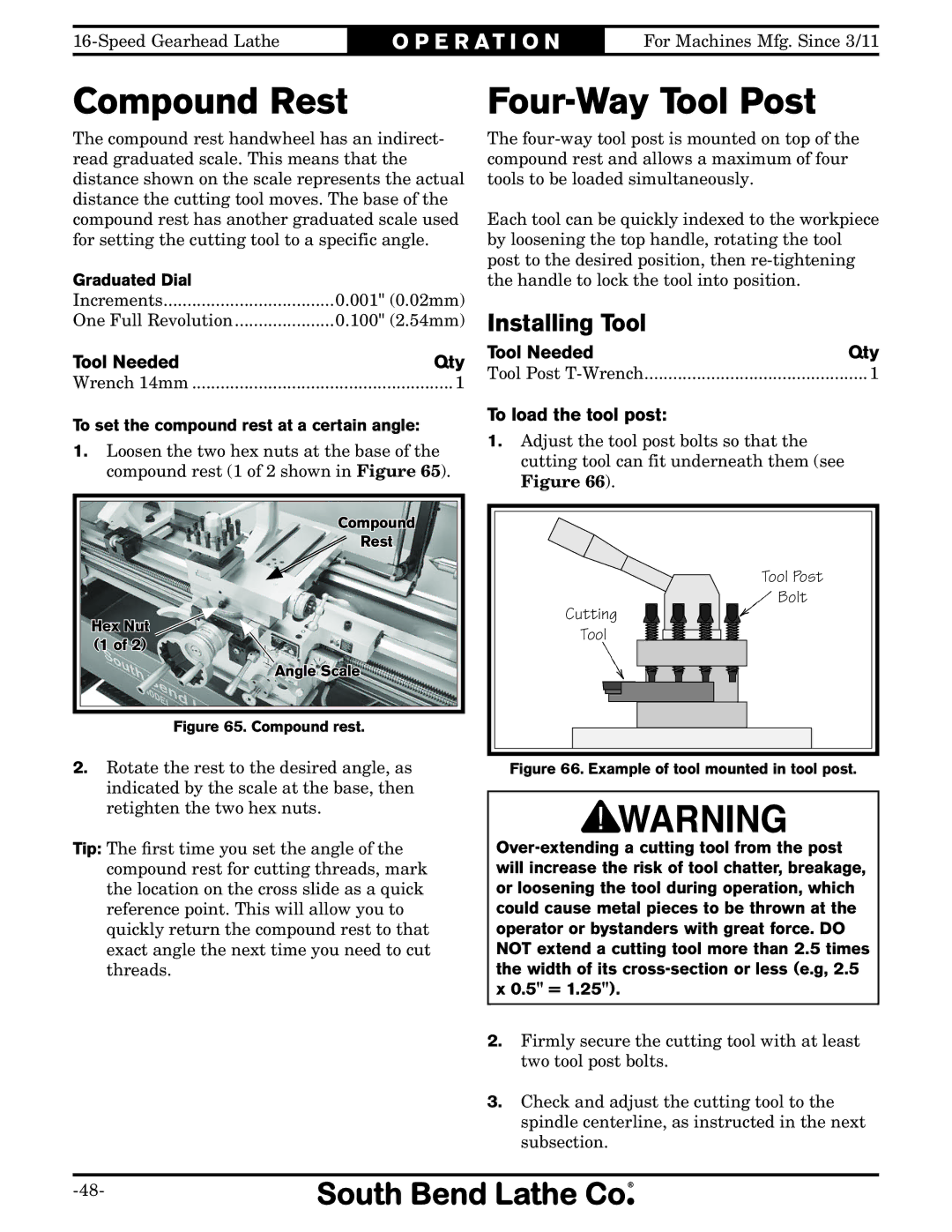 Southbend SB1053 owner manual Compound Rest, Four-Way Tool Post, Installing Tool, Tool Needed Qty, To load the tool post 