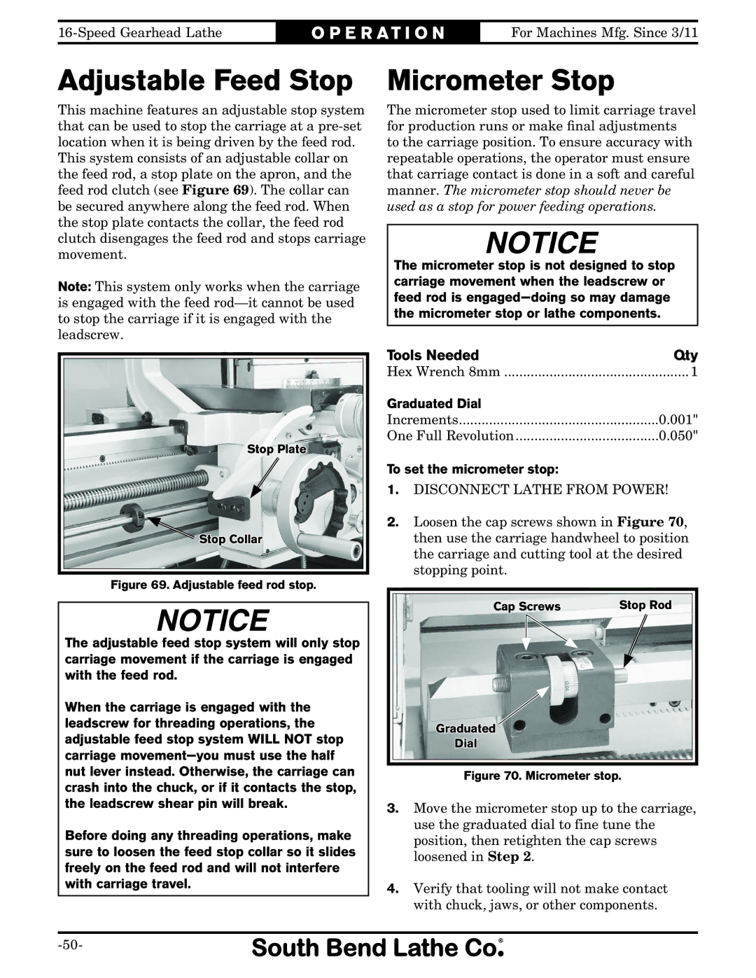 Southbend SB1053 owner manual Adjustable Feed Stop, Micrometer Stop, To set the micrometer stop 