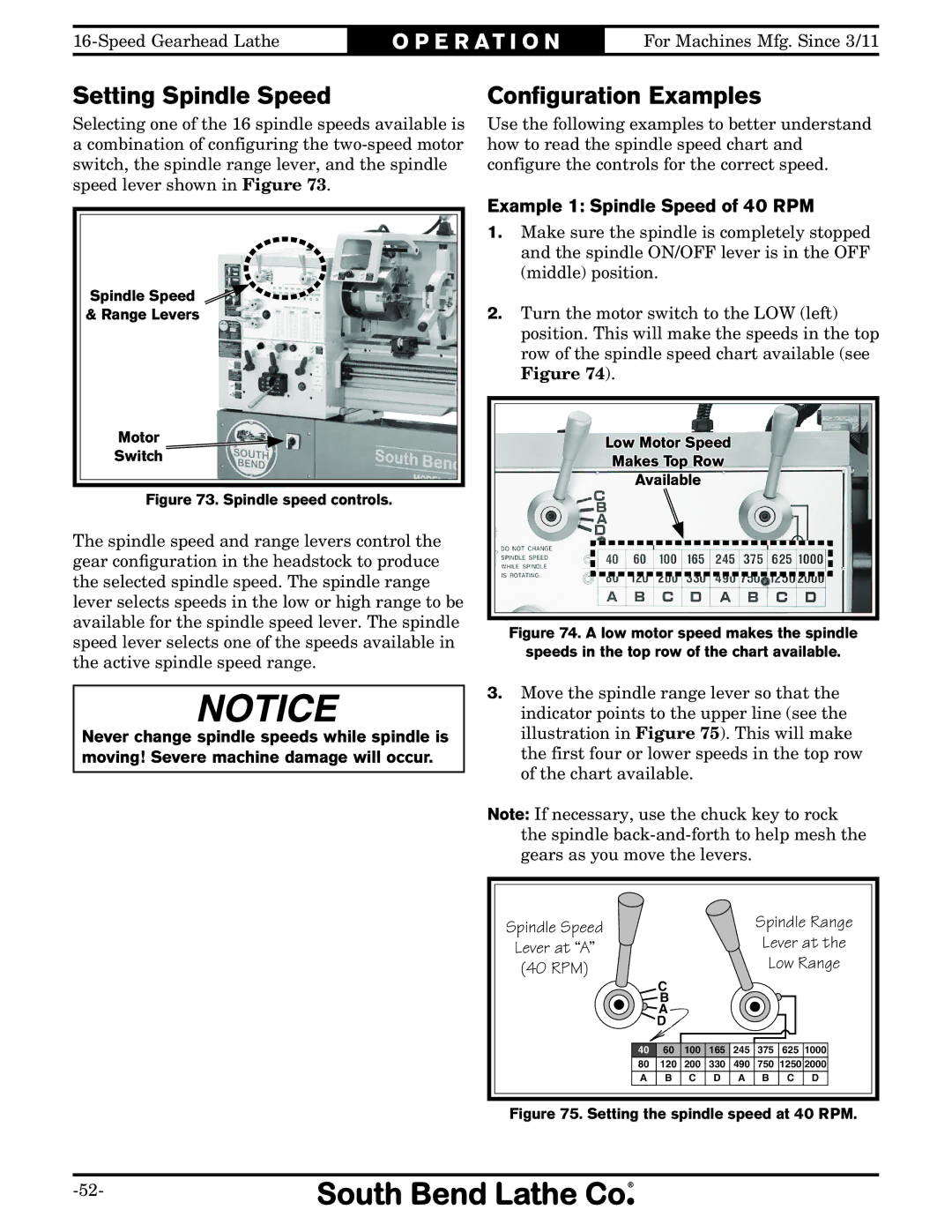 Southbend SB1053 owner manual Setting Spindle Speed, Conﬁguration Examples, Example 1 Spindle Speed of 40 RPM 