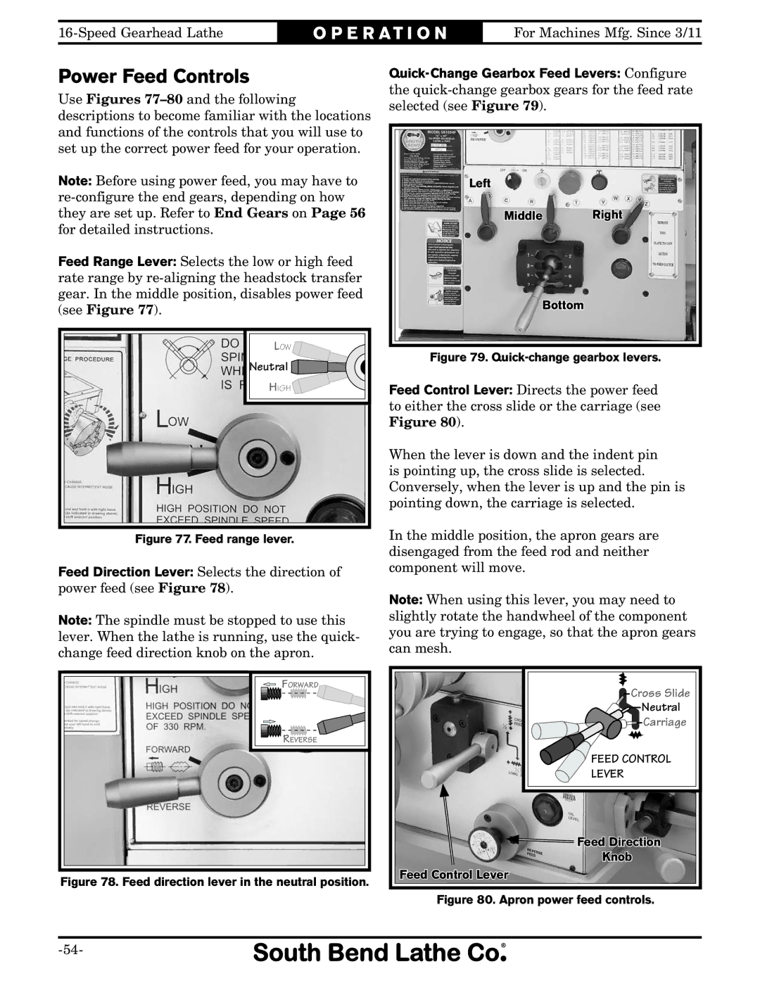 Southbend SB1053 owner manual Power Feed Controls, Feed direction lever in the neutral position 