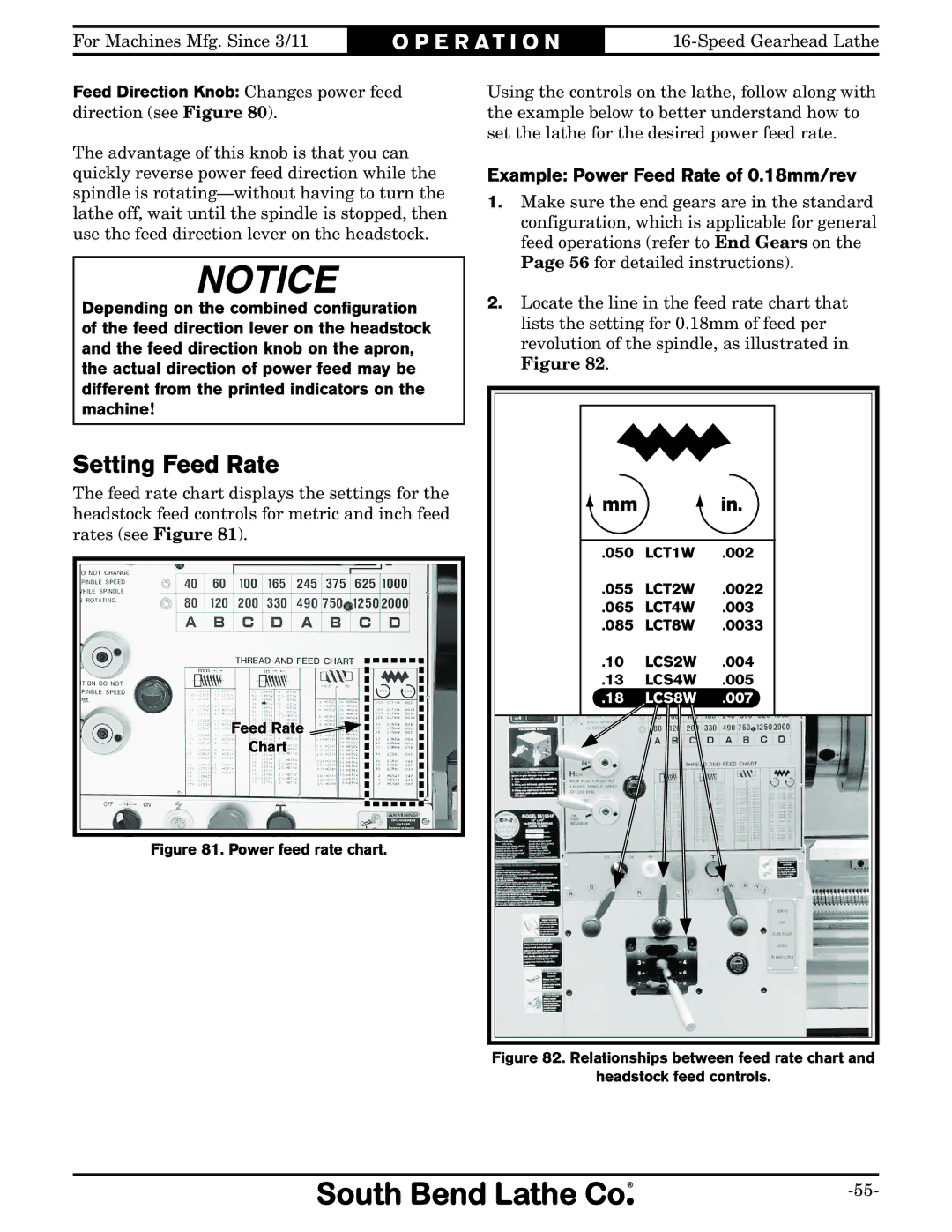 Southbend SB1053 owner manual Setting Feed Rate, Example Power Feed Rate of 0.18mm/rev 