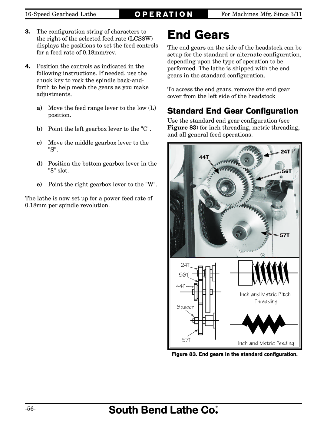 Southbend SB1053 owner manual End Gears, Standard End Gear Conﬁguration 