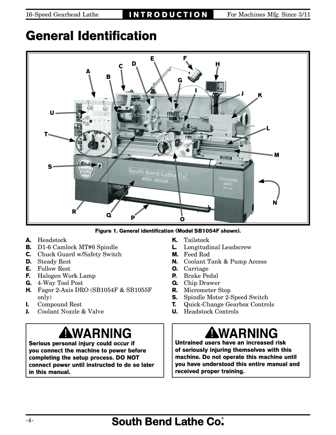 Southbend SB1053 owner manual General Identiﬁcation, General identification Model SB1054F shown 