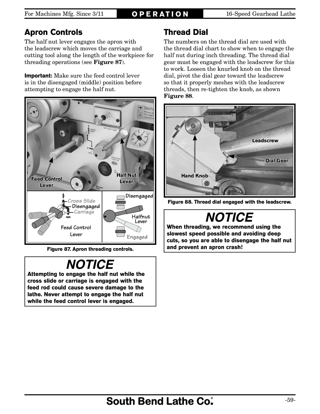 Southbend SB1053 owner manual Apron Controls, Thread Dial, Feed Control Lever Disengaged Halfnut 