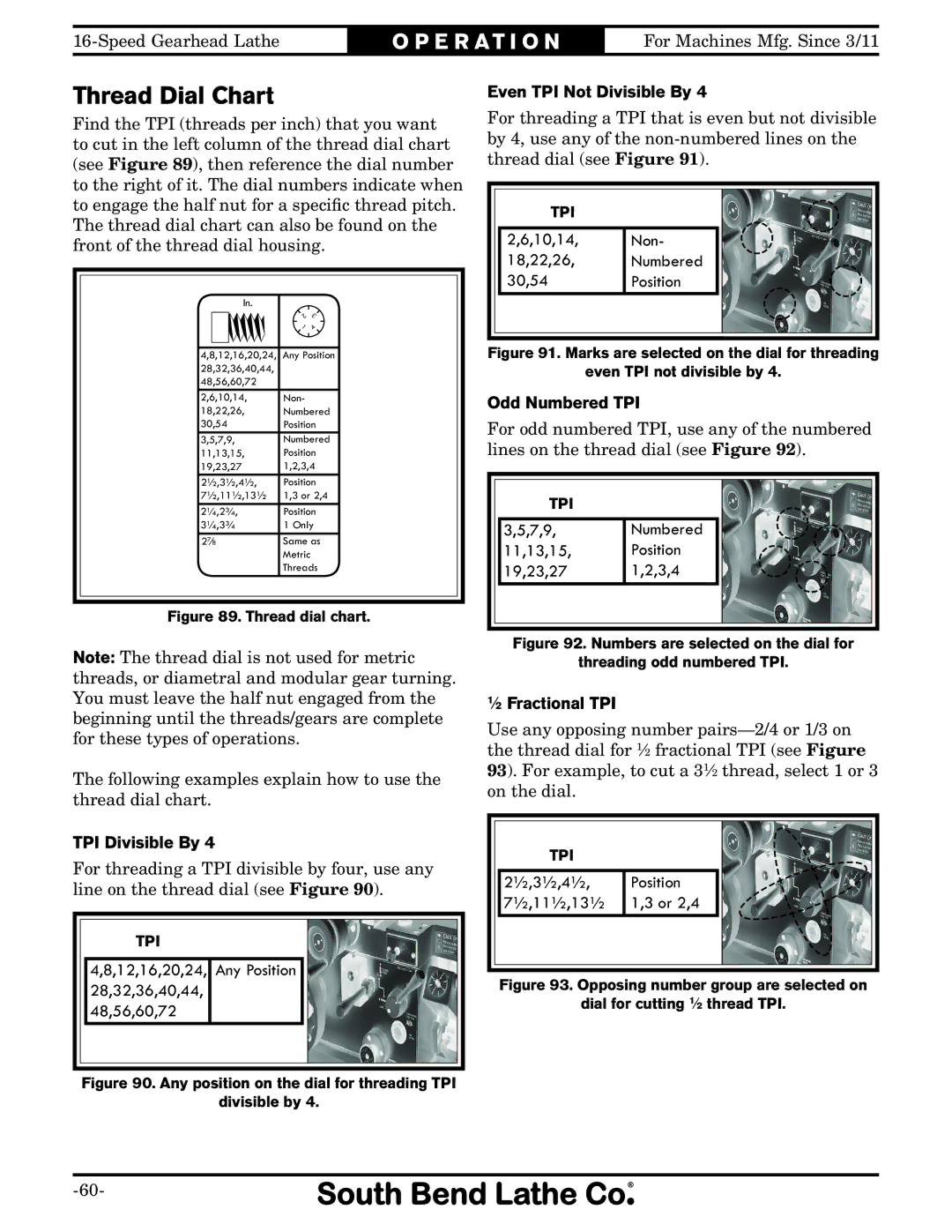 Southbend SB1053 Thread Dial Chart, TPI Divisible By, Even TPI Not Divisible By, Odd Numbered TPI, ⁄2 Fractional TPI 