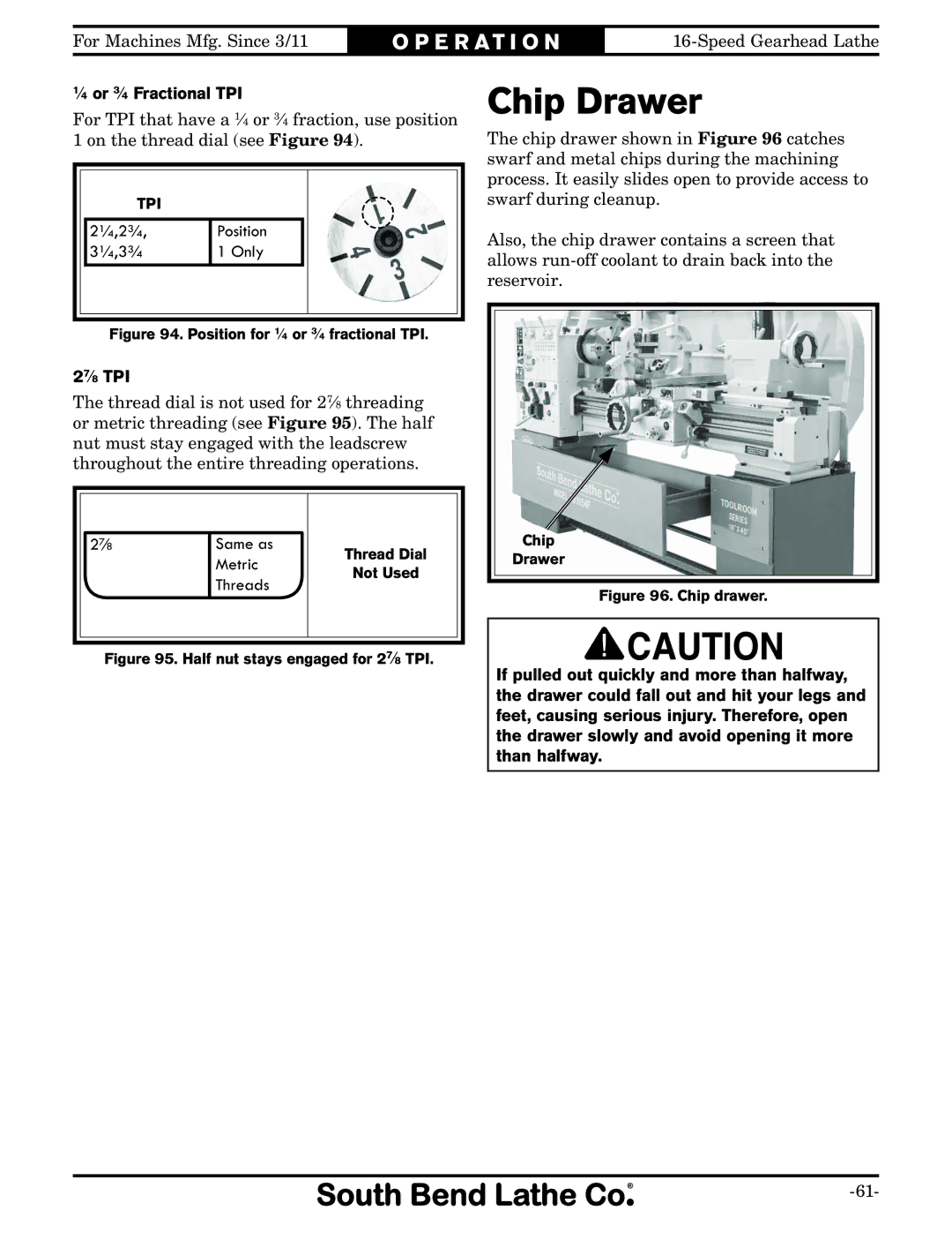 Southbend SB1053 owner manual Chip Drawer, ⁄4 or 3⁄4 Fractional TPI, 27⁄8 TPI 