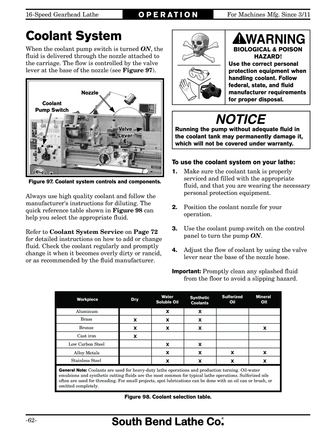 Southbend SB1053 owner manual Coolant System, To use the coolant system on your lathe 