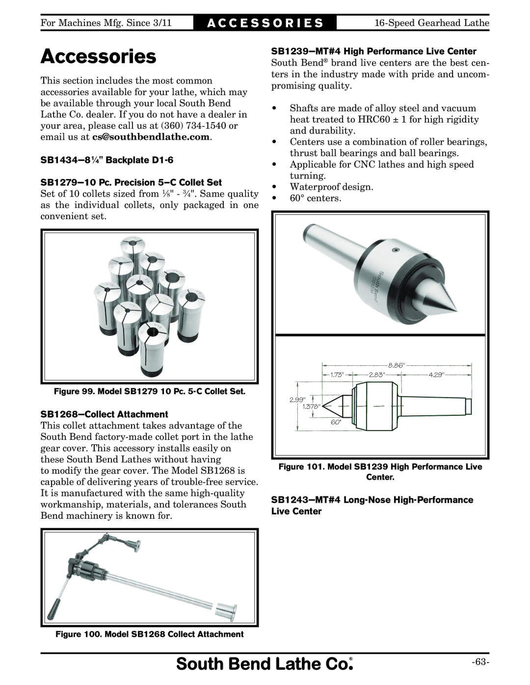 Southbend SB1053 owner manual Accessories, SB1268-Collect Attachment, SB1239-MT#4 High Performance Live Center 