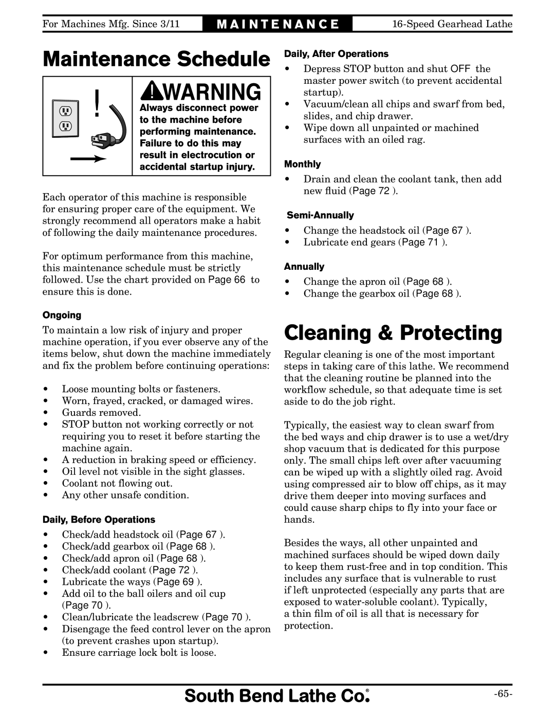 Southbend SB1053 owner manual Maintenance Schedule 