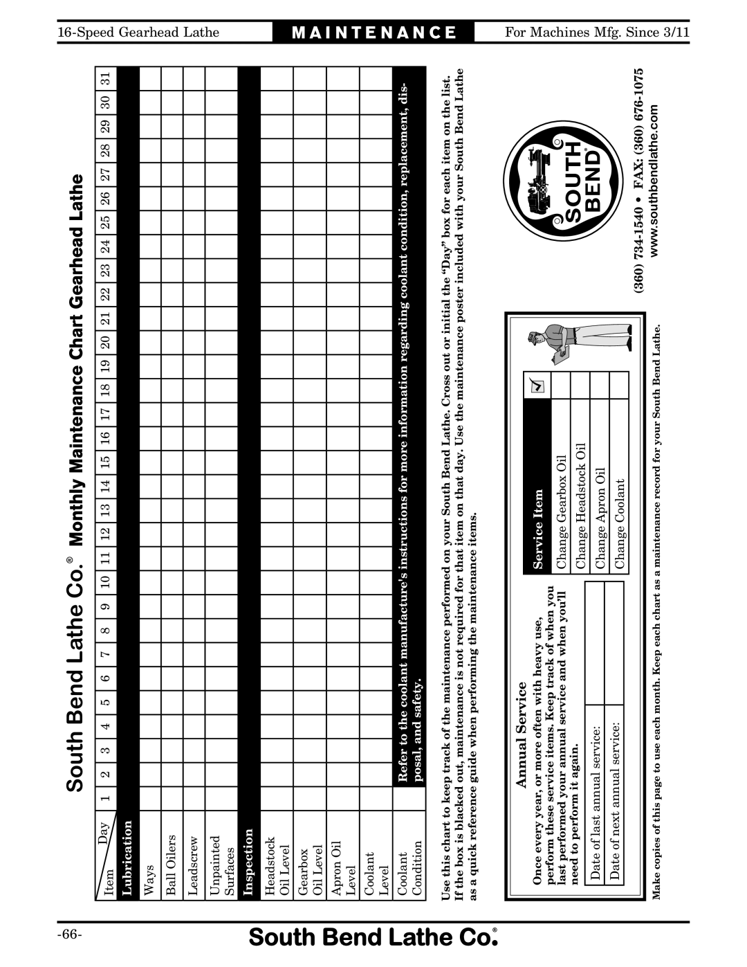 Southbend SB1053 owner manual Annual Service 