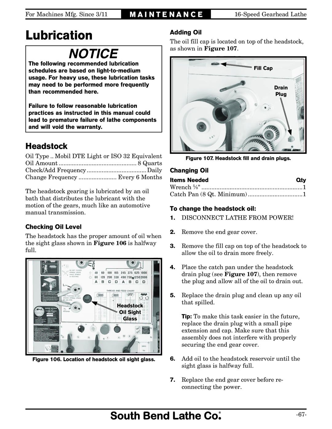 Southbend SB1053 owner manual Lubrication, Headstock 