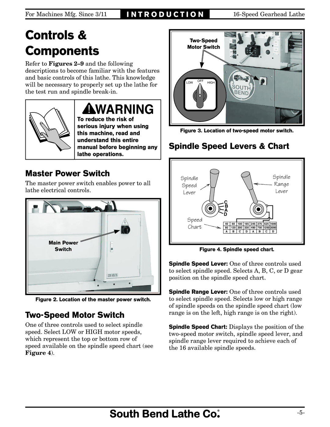 Southbend SB1053 owner manual Controls Components, Spindle Speed Levers & Chart Master Power Switch, Two-Speed Motor Switch 