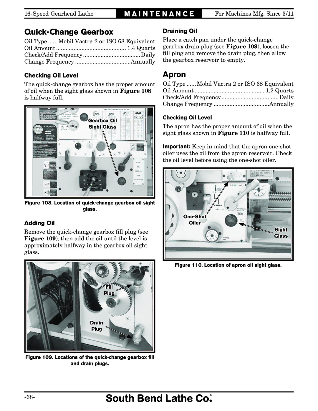 Southbend SB1053 owner manual Quick-Change Gearbox, Apron, Draining Oil, Checking Oil Level 