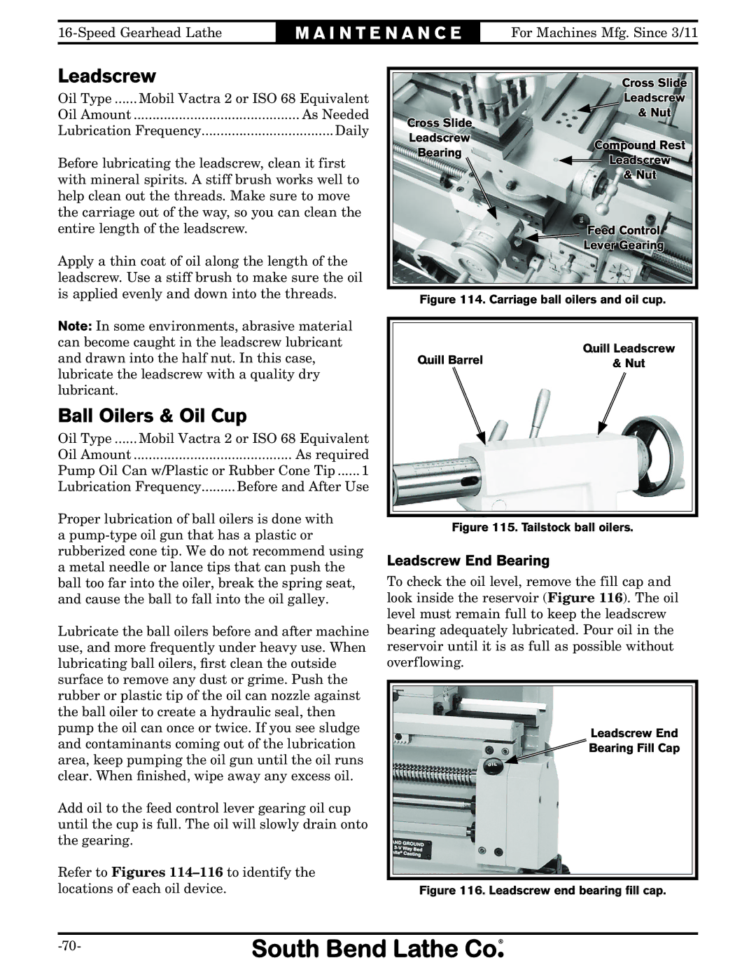 Southbend SB1053 owner manual Ball Oilers & Oil Cup, Leadscrew End Bearing 