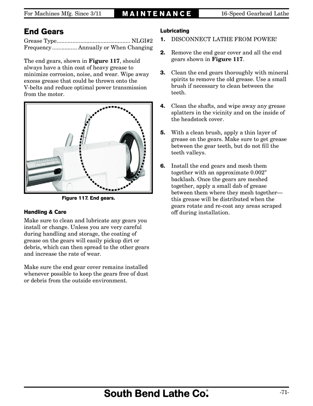 Southbend SB1053 owner manual End Gears, Handling & Care, Lubricating 