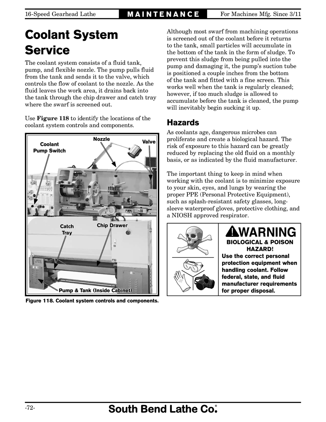 Southbend SB1053 owner manual Coolant System Service, Hazards 