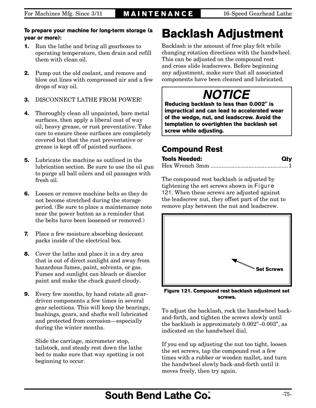 Southbend SB1053 owner manual Backlash Adjustment, Compound Rest 