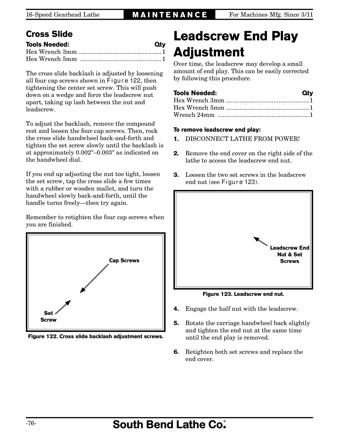 Southbend SB1053 owner manual Leadscrew End Play Adjustment, Cross Slide, To remove leadscrew end play 