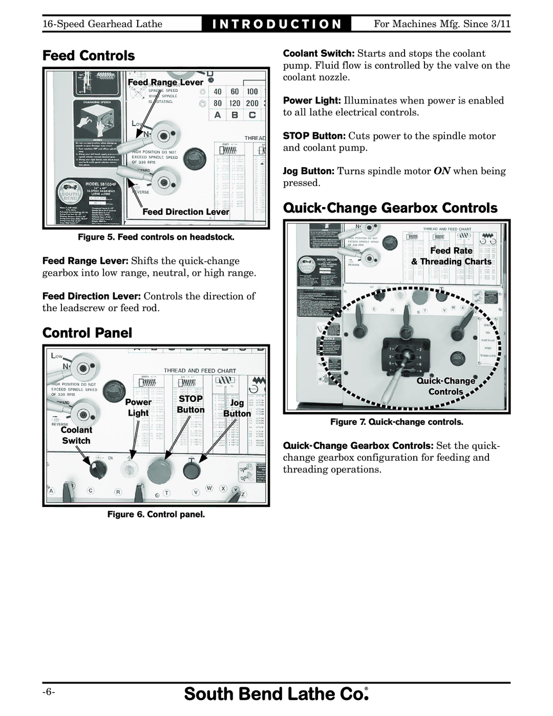 Southbend SB1053 owner manual Feed Controls, Control Panel, Quick-Change Gearbox Controls 