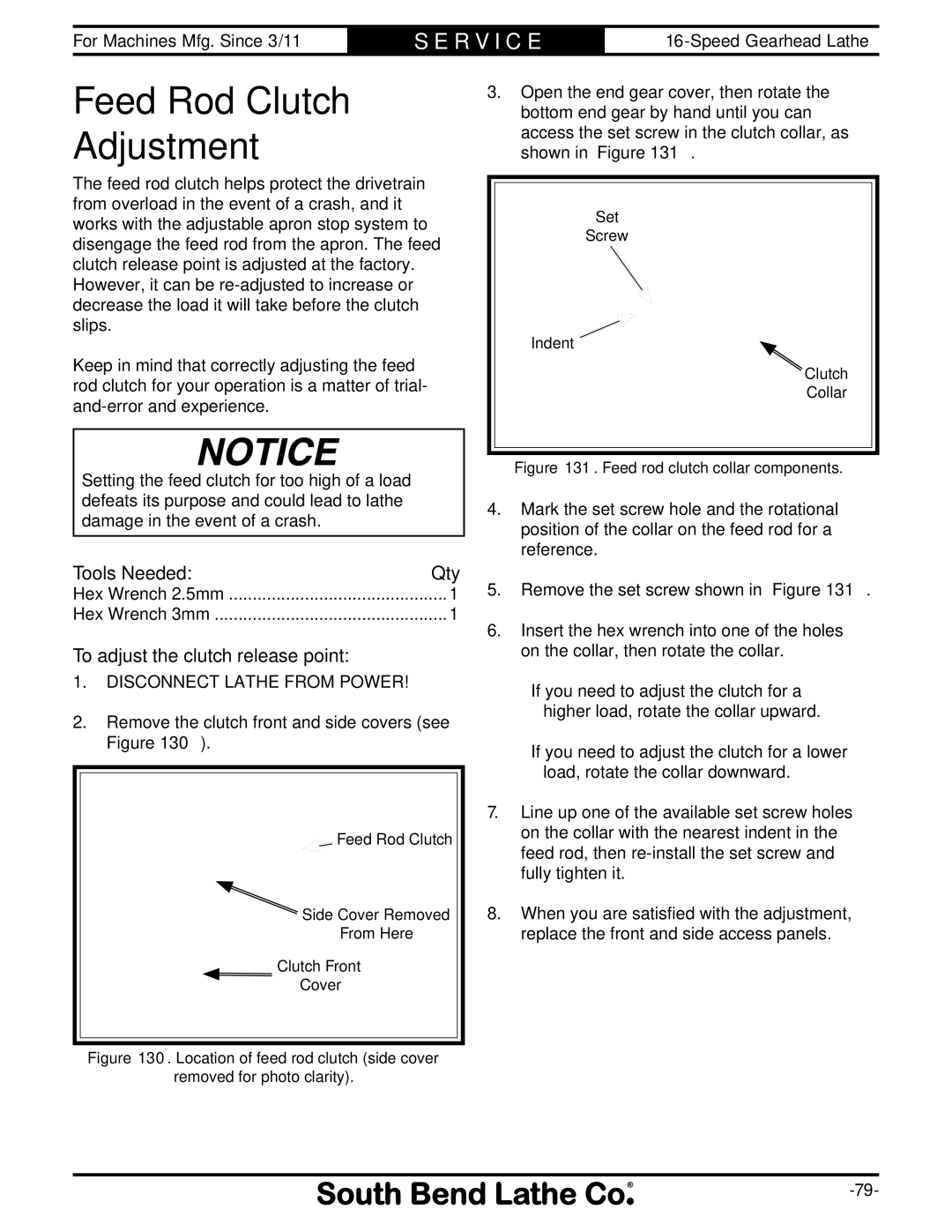 Southbend SB1053 owner manual Feed Rod Clutch Adjustment, To adjust the clutch release point 