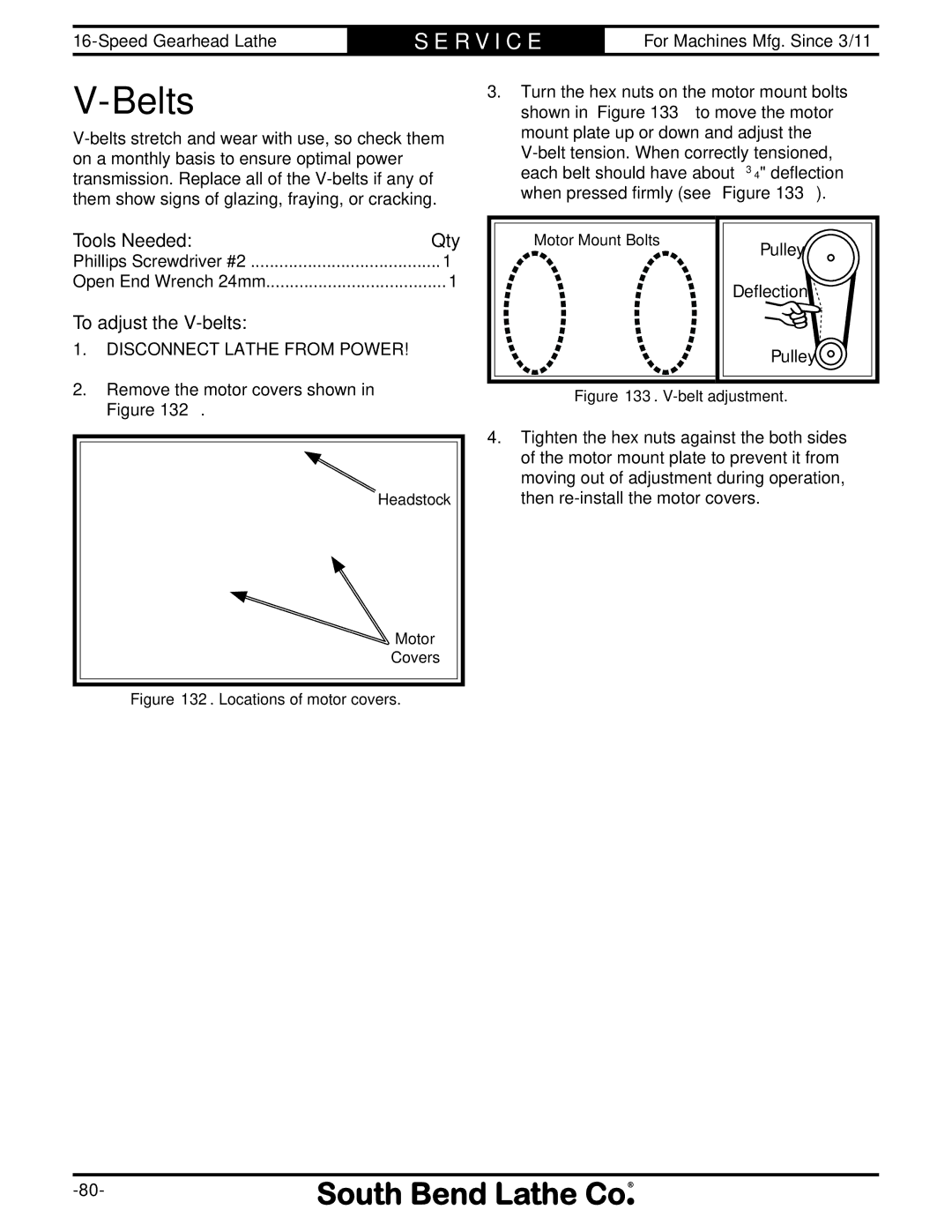 Southbend SB1053 owner manual Belts, To adjust the V-belts, Pulley Deflection 