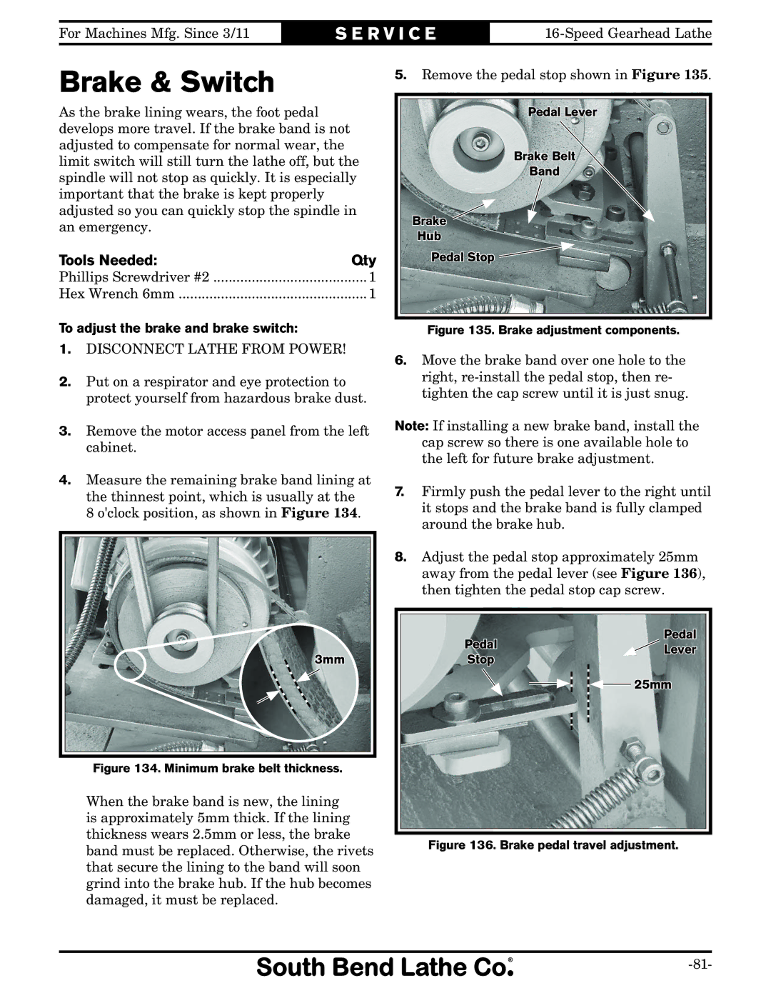 Southbend SB1053 owner manual Brake & Switch, To adjust the brake and brake switch 