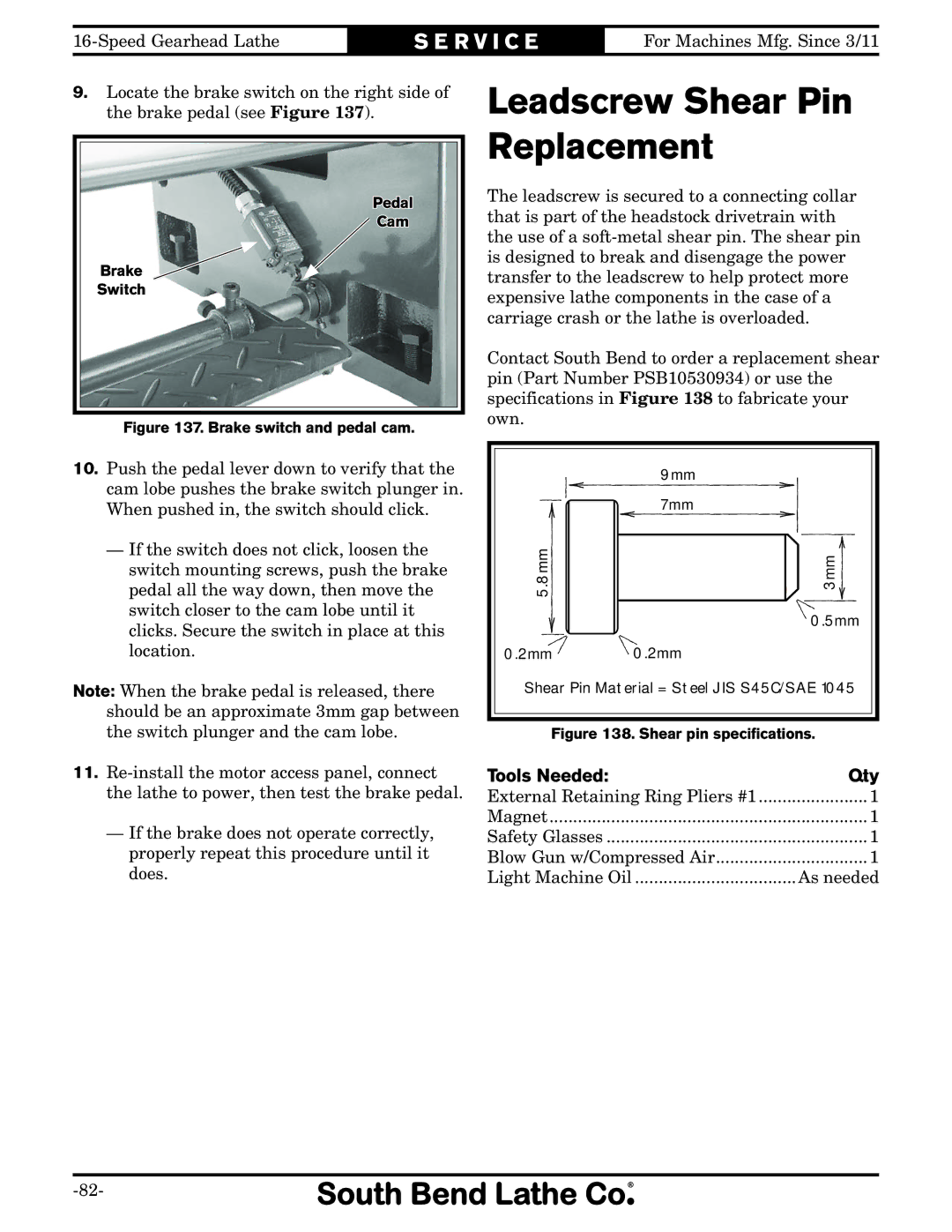 Southbend SB1053 owner manual Leadscrew Shear Pin Replacement, 2mm 