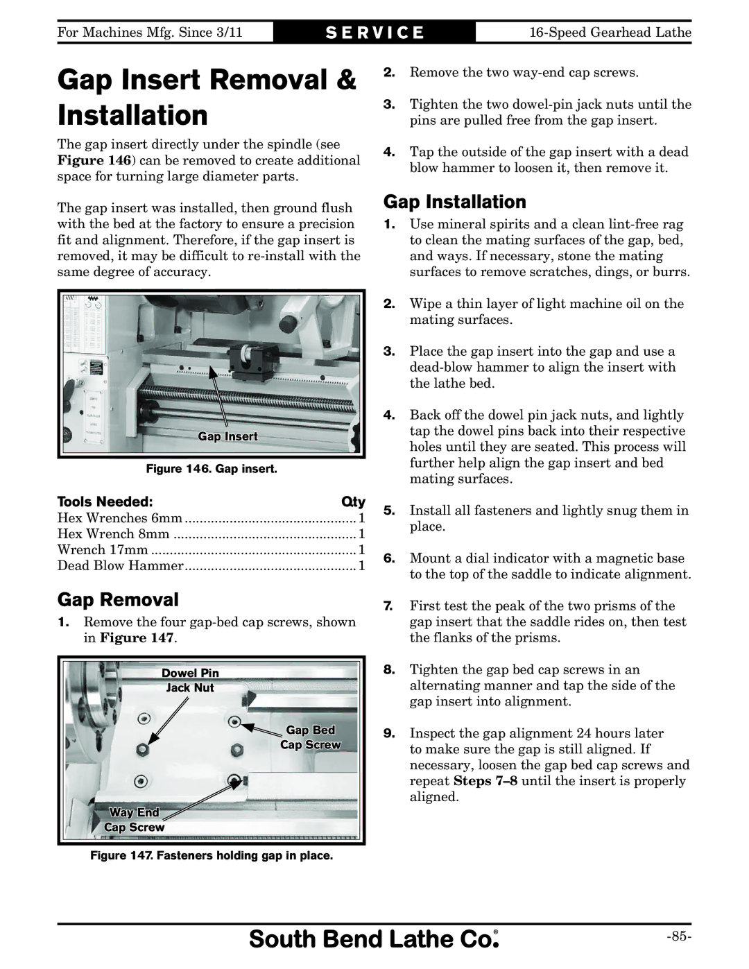 Southbend SB1053 owner manual Gap Insert Removal & Installation, Gap Removal, Gap Installation 