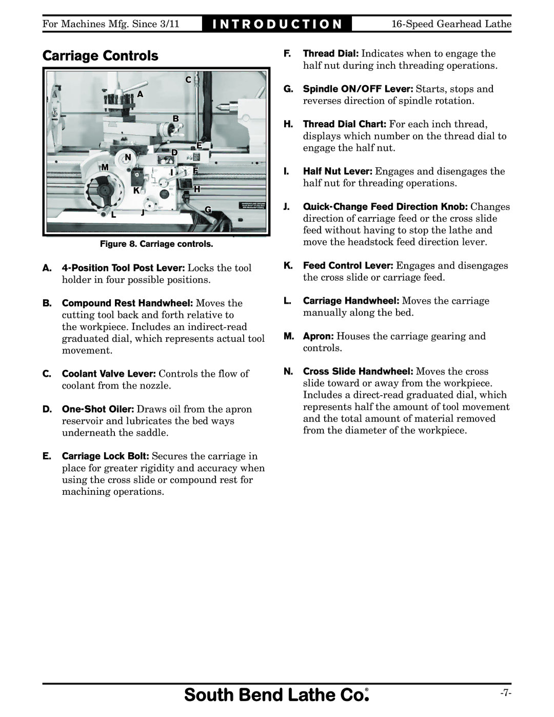 Southbend SB1053 owner manual Carriage Controls, Carriage controls 