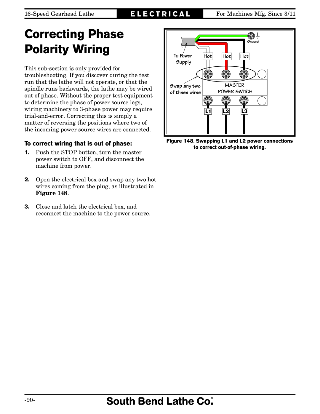 Southbend SB1053 owner manual Correcting Phase Polarity Wiring, To correct wiring that is out of phase 