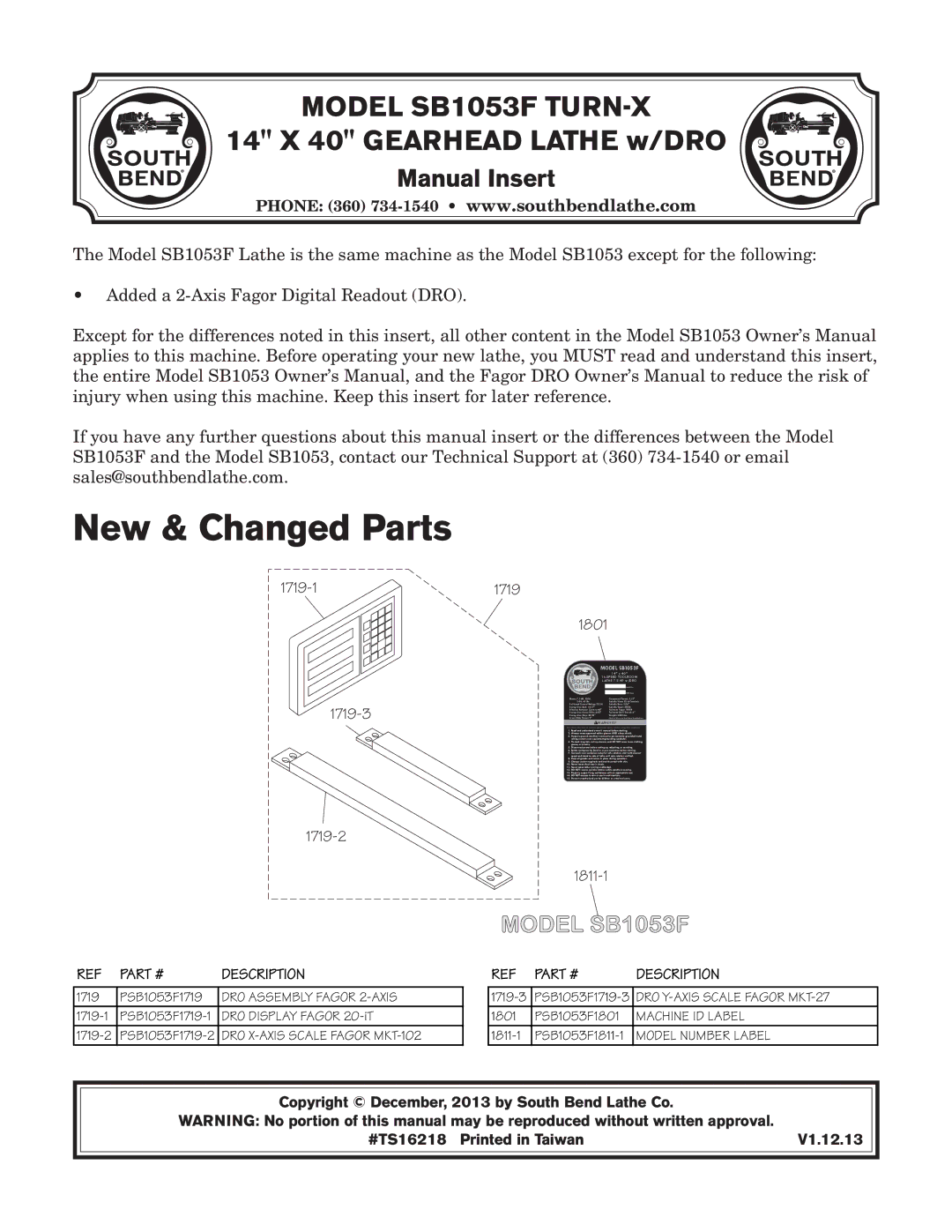 Southbend SB1053F Turn-X owner manual New & Changed Parts, Manual Insert 