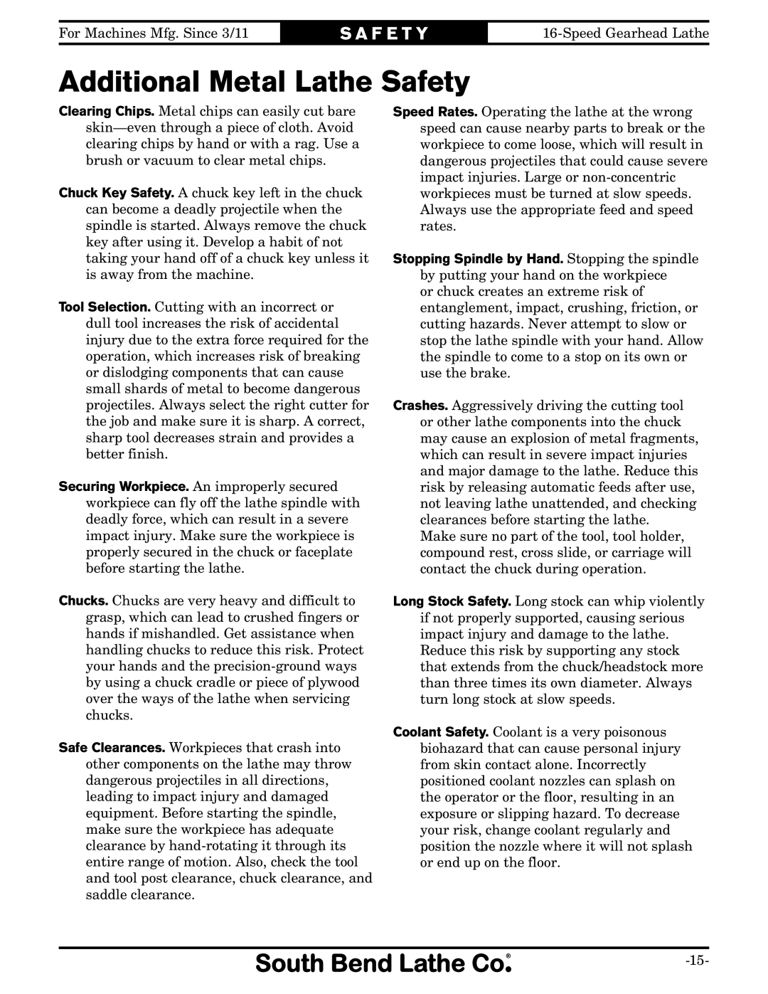 Southbend SB1053F Turn-X owner manual Additional Metal Lathe Safety 