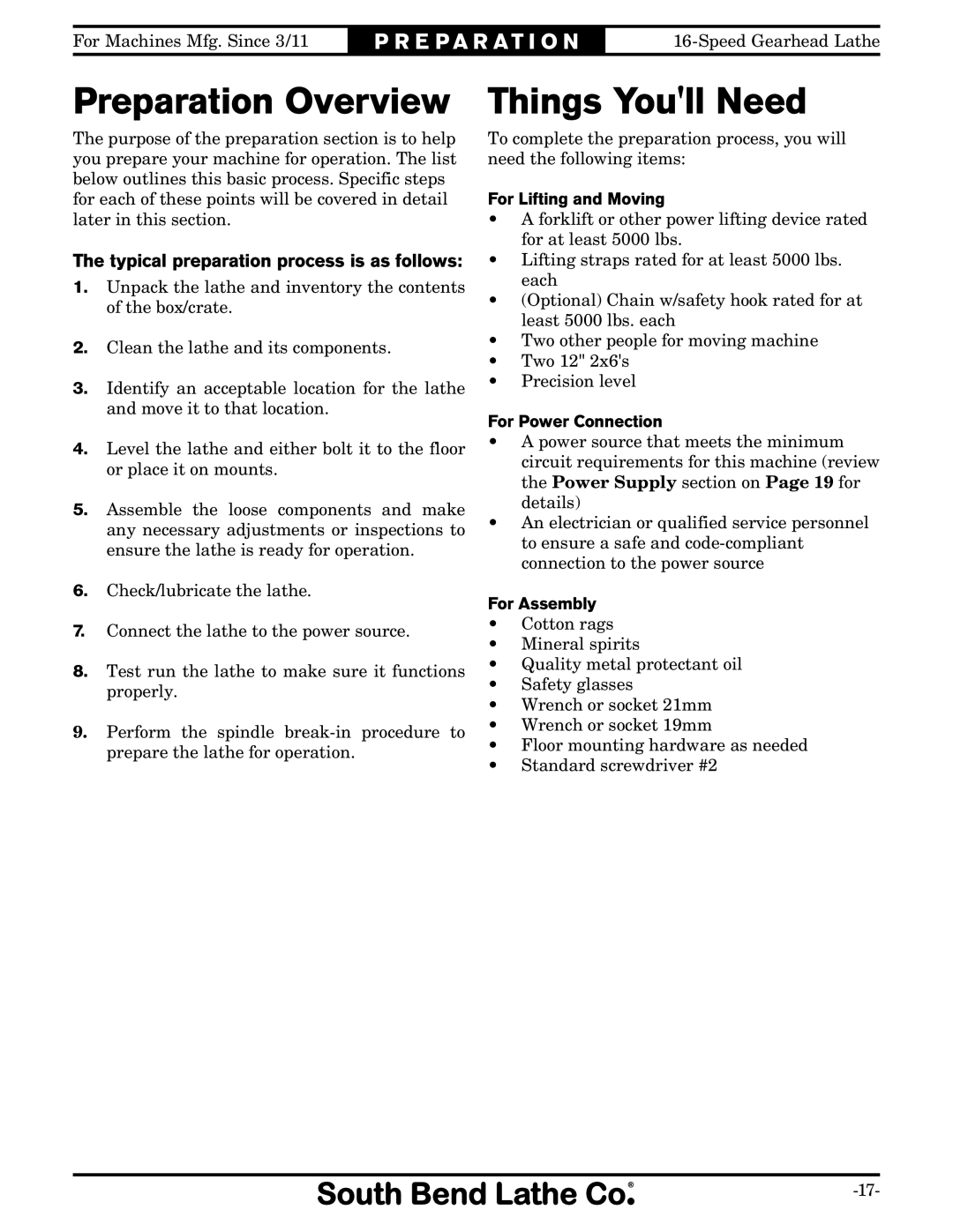 Southbend SB1053F Turn-X owner manual Preparation Overview, Things Youll Need, Typical preparation process is as follows 