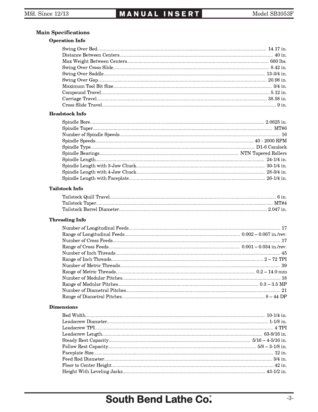 Southbend SB1053F Turn-X owner manual Main Specifications 