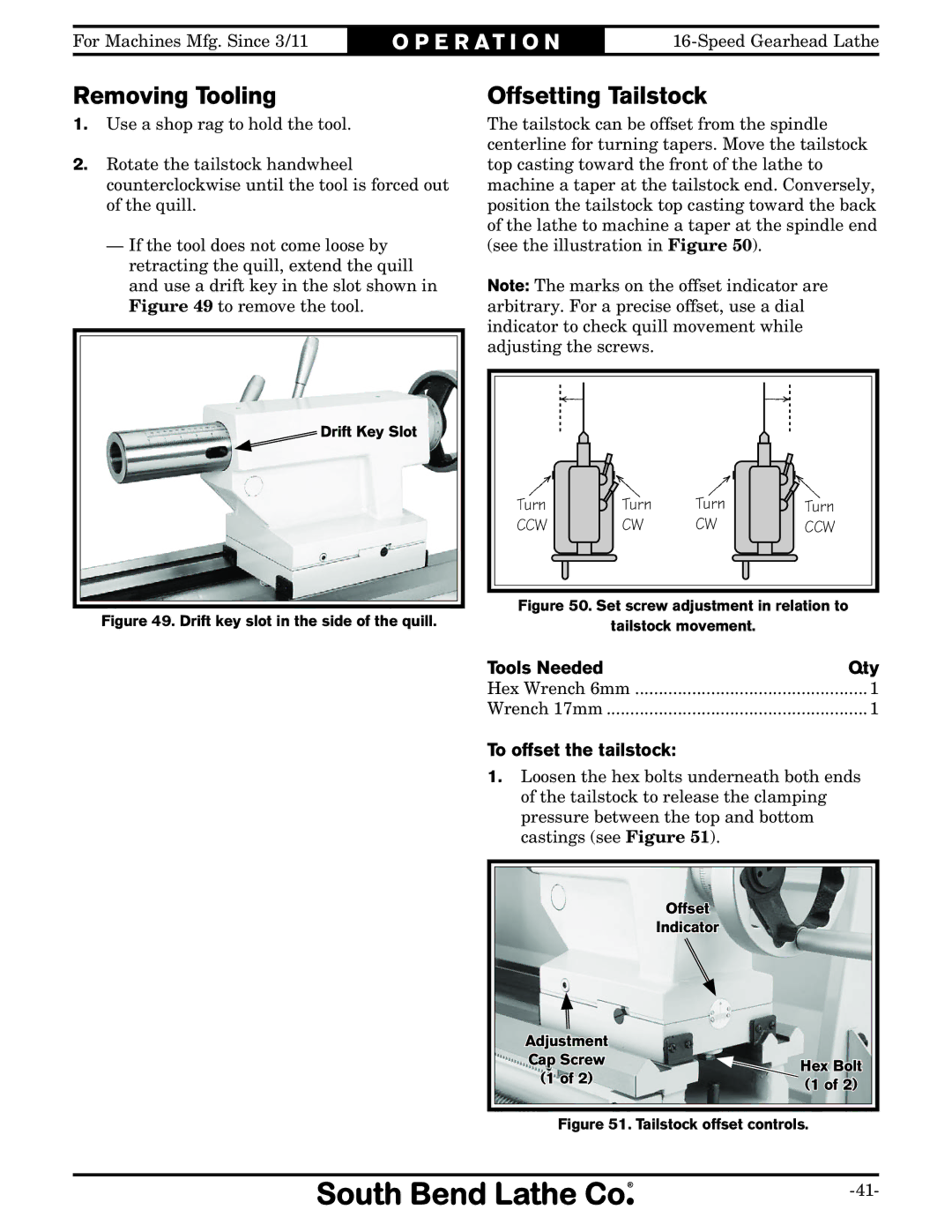 Southbend SB1053F Turn-X owner manual Removing Tooling, Offsetting Tailstock, Tools Needed Qty, To offset the tailstock 