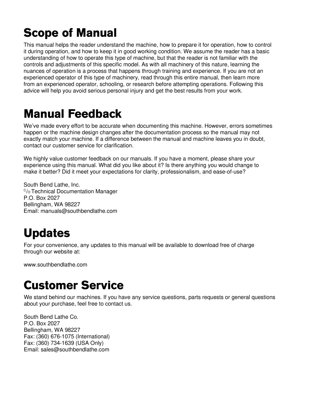 Southbend SB1053F Turn-X owner manual Scope of Manual, Manual Feedback, Updates, Customer Service 