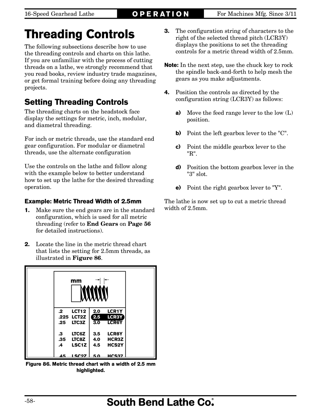 Southbend SB1053F Turn-X owner manual Setting Threading Controls, Example Metric Thread Width of 2.5mm 