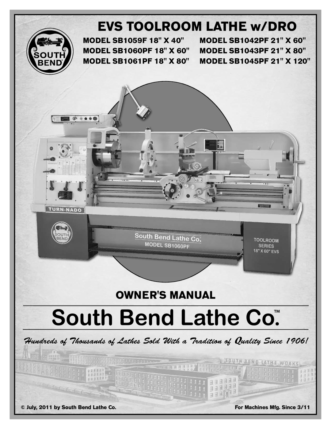 Southbend SB1059F owner manual EVS Toolroom Lathe w/DRO 