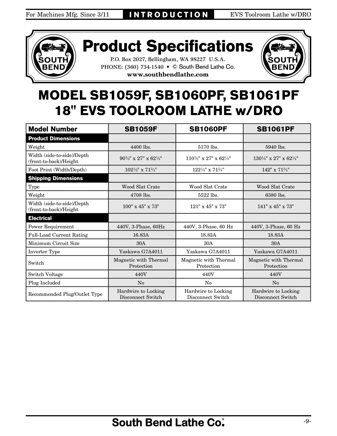 Southbend owner manual Product Speciﬁcations, Model SB1059F, SB1060PF, SB1061PF EVS Toolroom Lathe w/DRO 