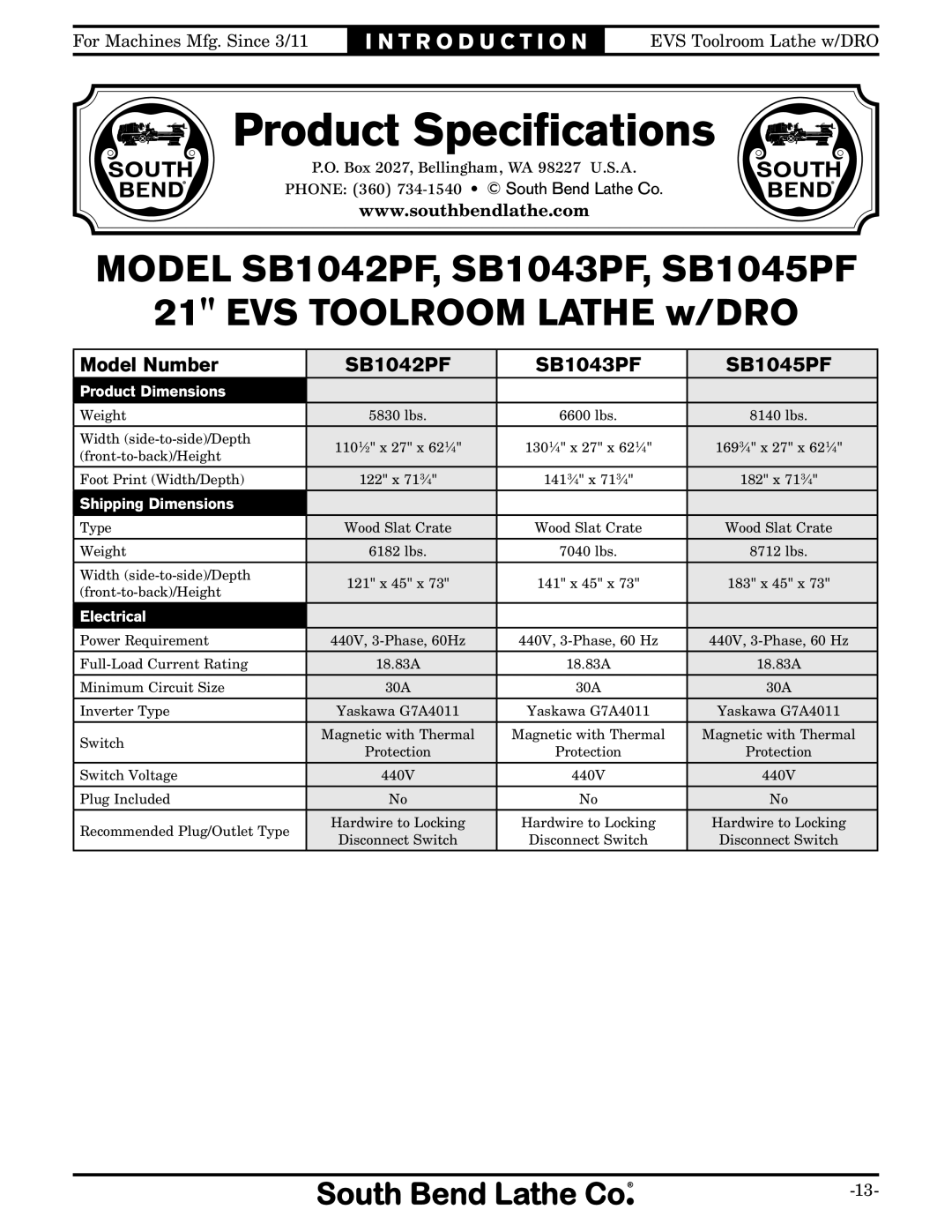 Southbend SB1059F Model SB1042PF, SB1043PF, SB1045PF EVS Toolroom Lathe w/DRO, Model Number SB1042PF SB1043PF SB1045PF 