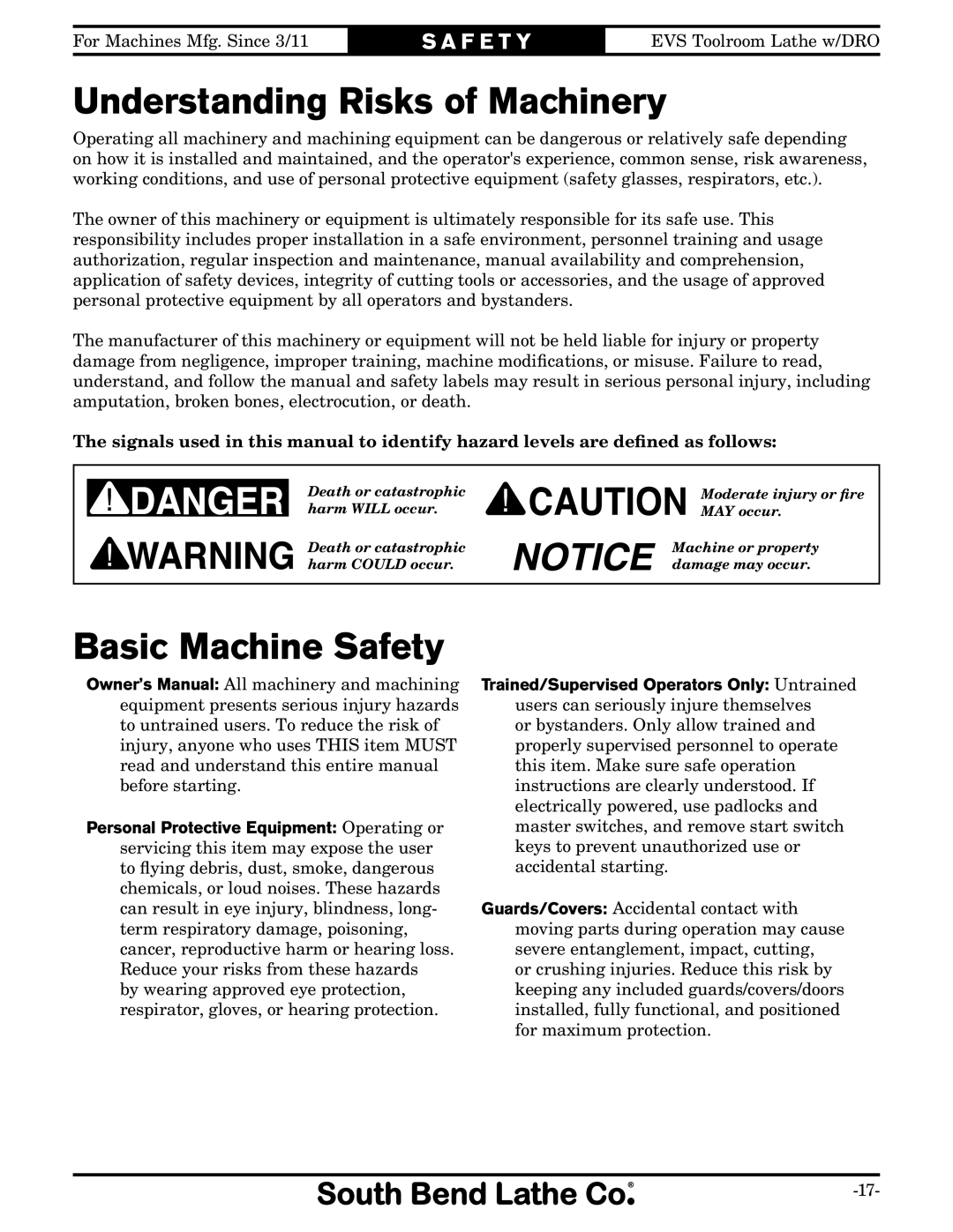 Southbend SB1059F owner manual Understanding Risks of Machinery, Basic Machine Safety 