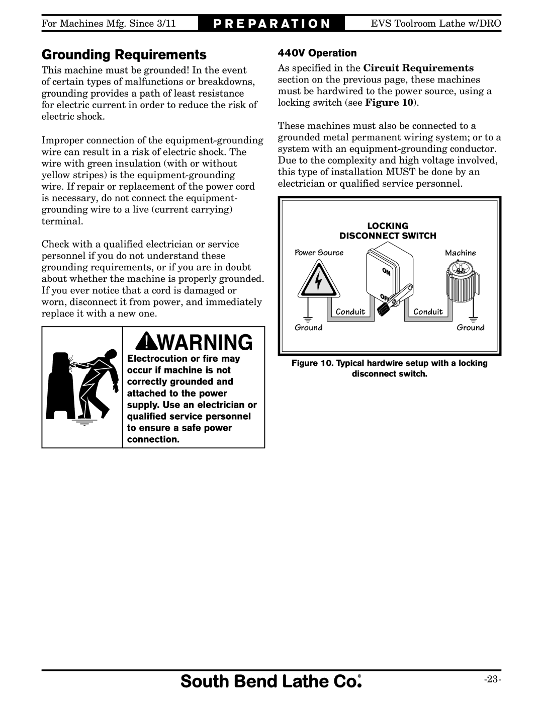 Southbend SB1059F owner manual Grounding Requirements, 440V Operation 