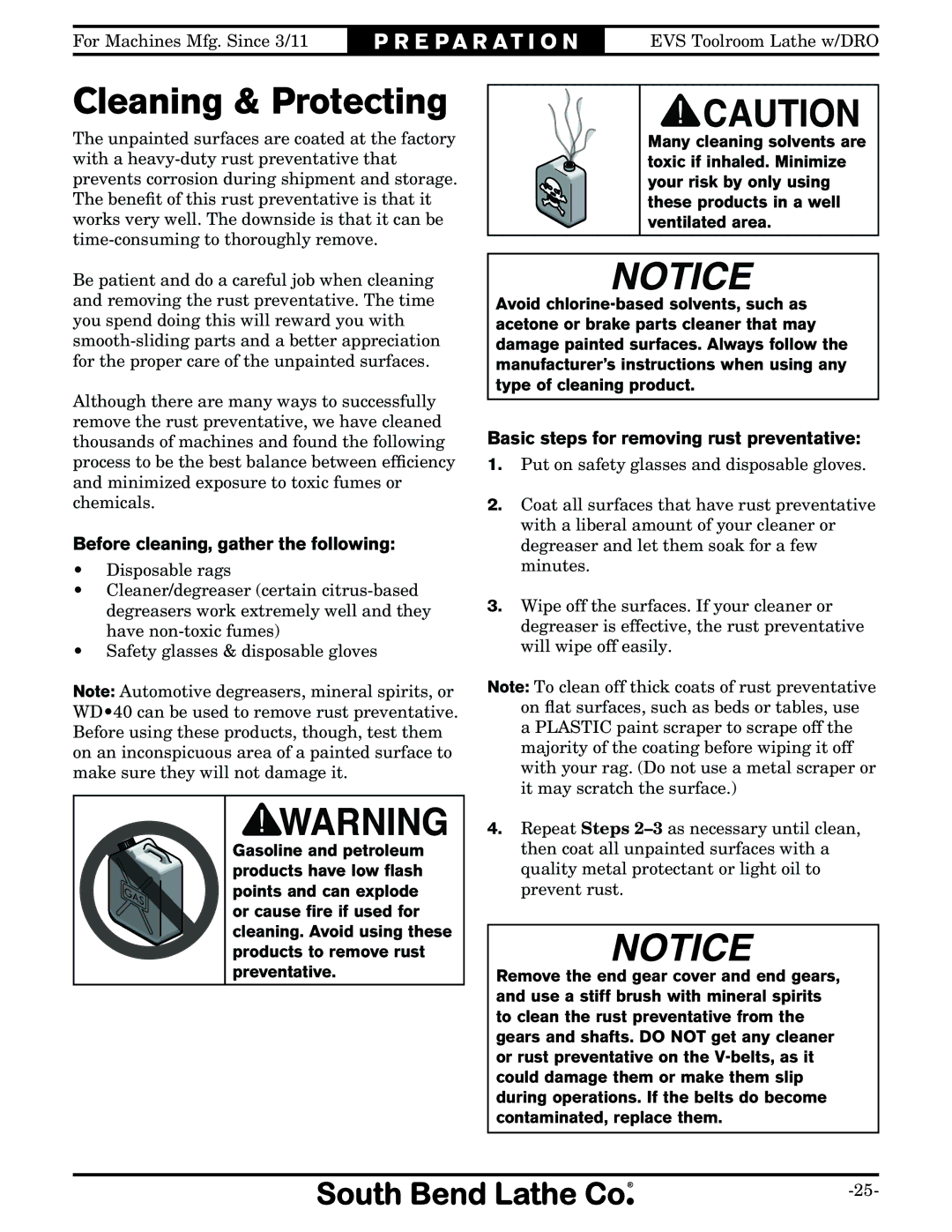 Southbend SB1059F Cleaning & Protecting, Before cleaning, gather the following, Basic steps for removing rust preventative 