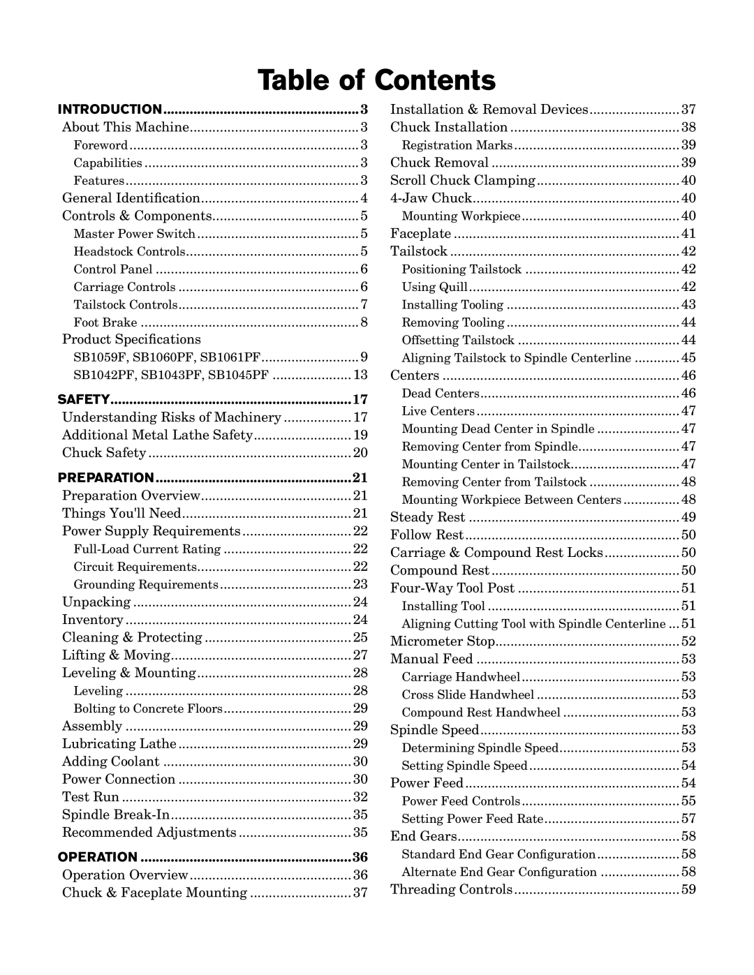 Southbend SB1059F owner manual Table of Contents 